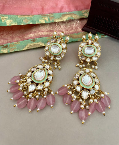 Pink and Mintgreen Kundan Earrings/Meenakari Earrings/Long Wedding Earrings/Indian Jewelry/Indian Earrings/Bollywood Jewelry