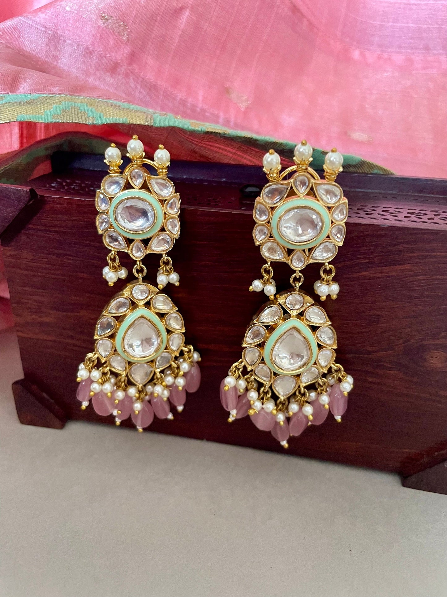 Pink and Mintgreen Kundan Earrings/Meenakari Earrings/Long Wedding Earrings/Indian Jewelry/Indian Earrings/Bollywood Jewelry