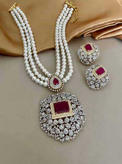 Ruby Red Diamond Set/American Diamond Set/Diamond and Pearls Set/Cocktail Set/CZ Jewelry Set/Cubic Zirconia/Indian Jewelry Set/Wedding Set