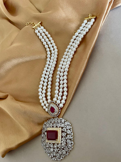 Ruby Red Diamond Set/American Diamond Set/Diamond and Pearls Set/Cocktail Set/CZ Jewelry Set/Cubic Zirconia/Indian Jewelry Set/Wedding Set
