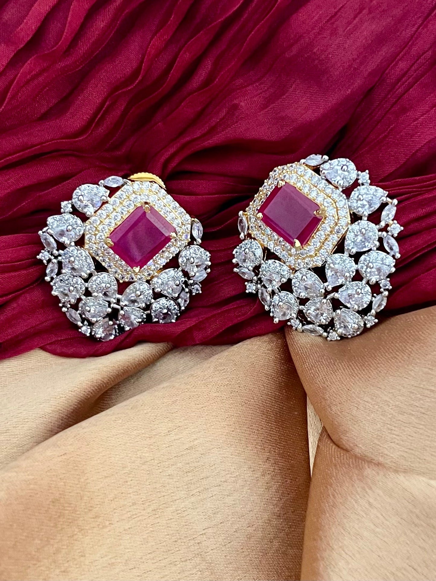 Ruby Red Diamond Set/American Diamond Set/Diamond and Pearls Set/Cocktail Set/CZ Jewelry Set/Cubic Zirconia/Indian Jewelry Set/Wedding Set