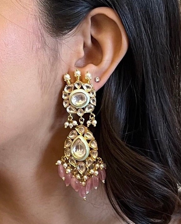 Pink and Mintgreen Kundan Earrings/Meenakari Earrings/Long Wedding Earrings/Indian Jewelry/Indian Earrings/Bollywood Jewelry