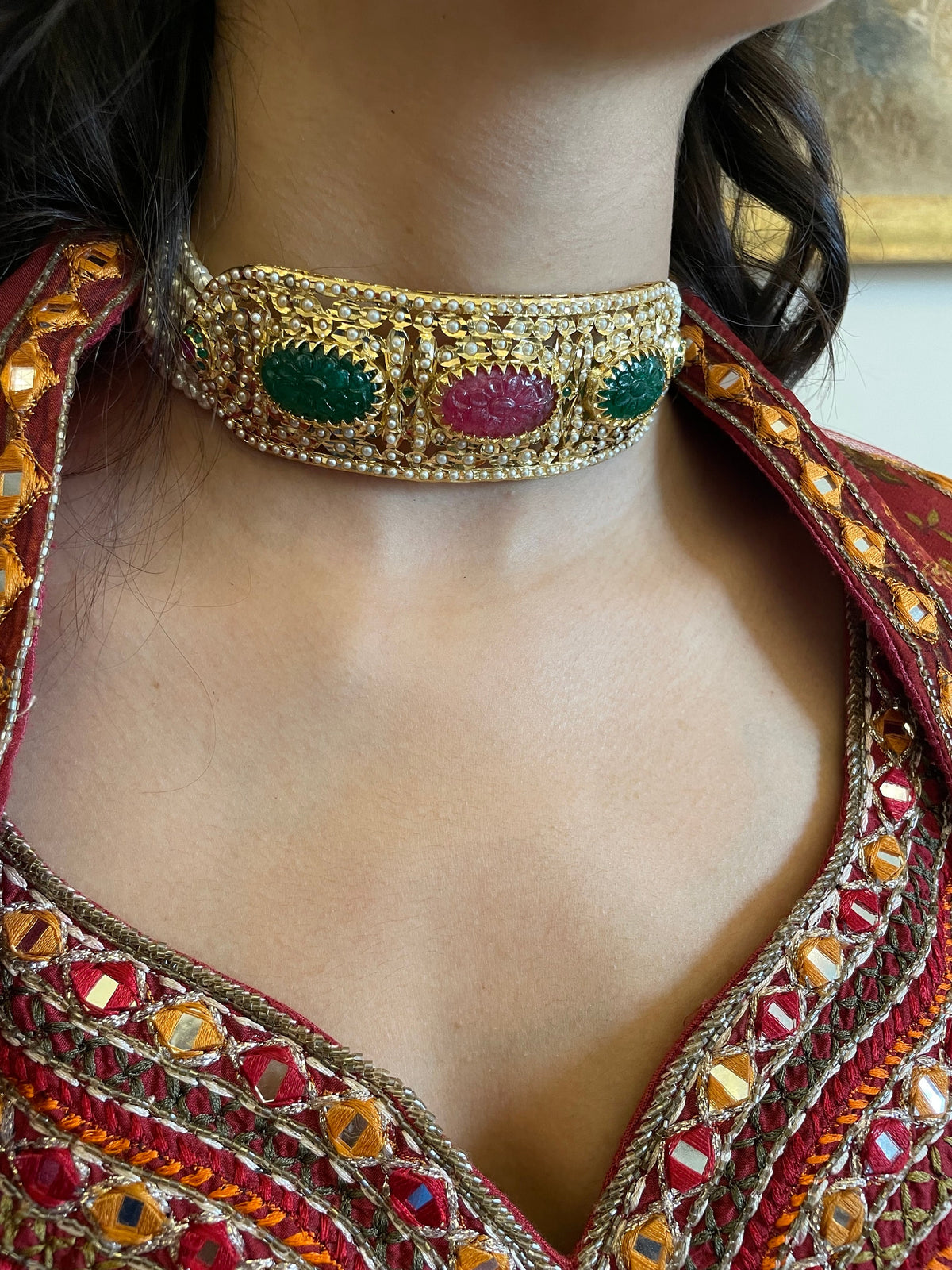 Pink and Green Jadau Choker Necklace Set