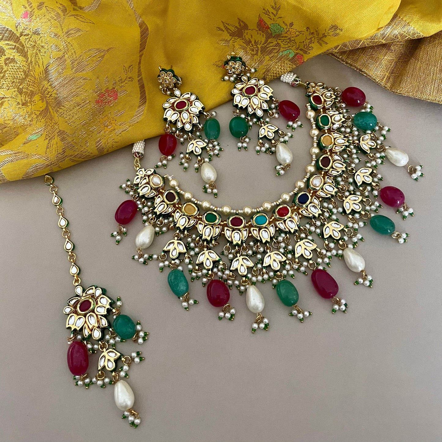 Sabyasachi Inspired/Navratan Jewelry Set/Multicolour Necklace Set/Designer Jewelry/Bollywood Jewelry/Kundan Choker Set/Indian Jewelry Set