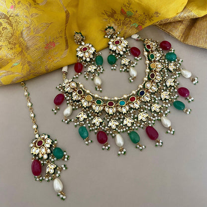 Sabyasachi Inspired/Navratan Jewelry Set/Multicolour Necklace Set/Designer Jewelry/Bollywood Jewelry/Kundan Choker Set/Indian Jewelry Set