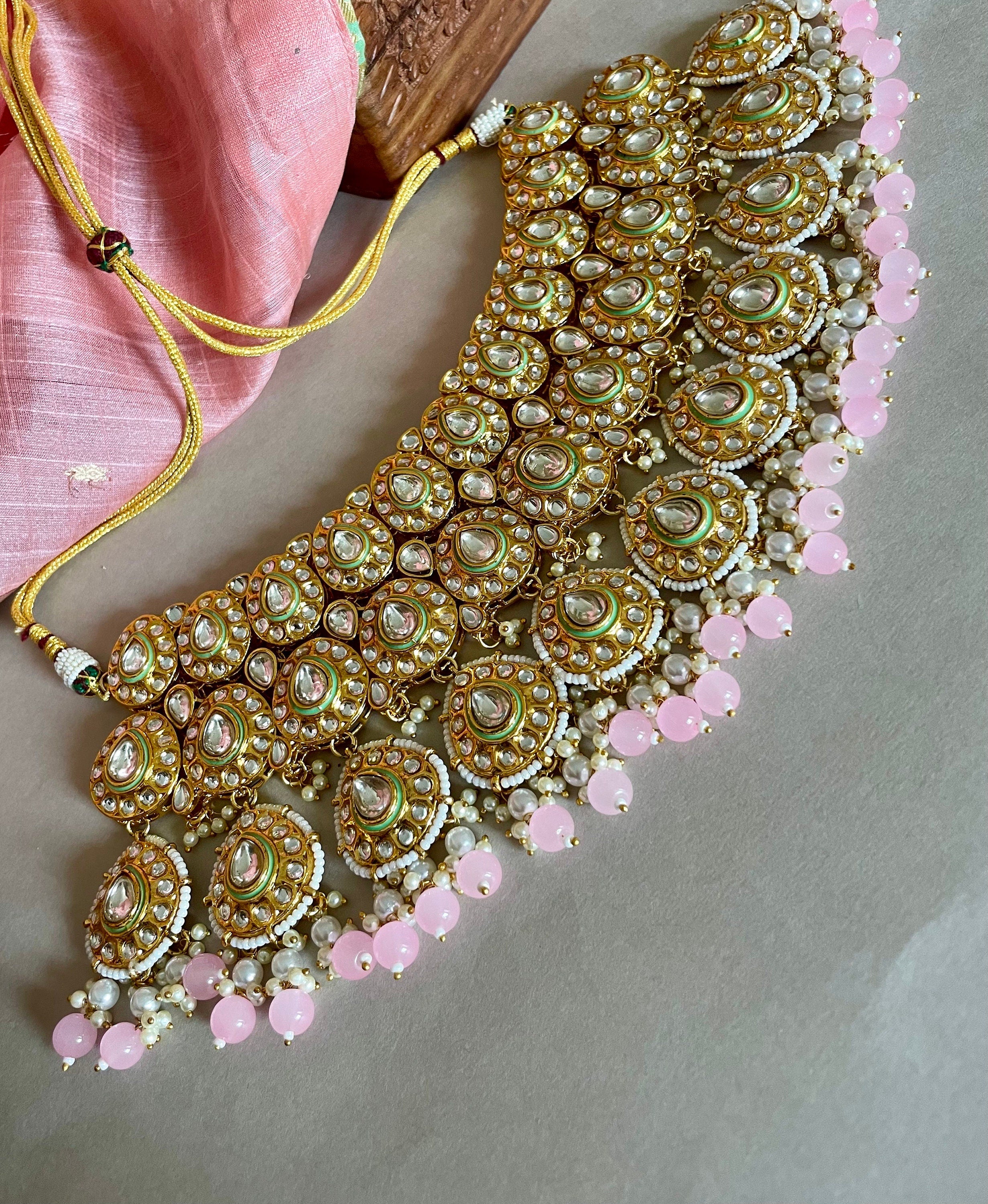 Pink and Mintgreen Kundan Bridal Necklace Set
