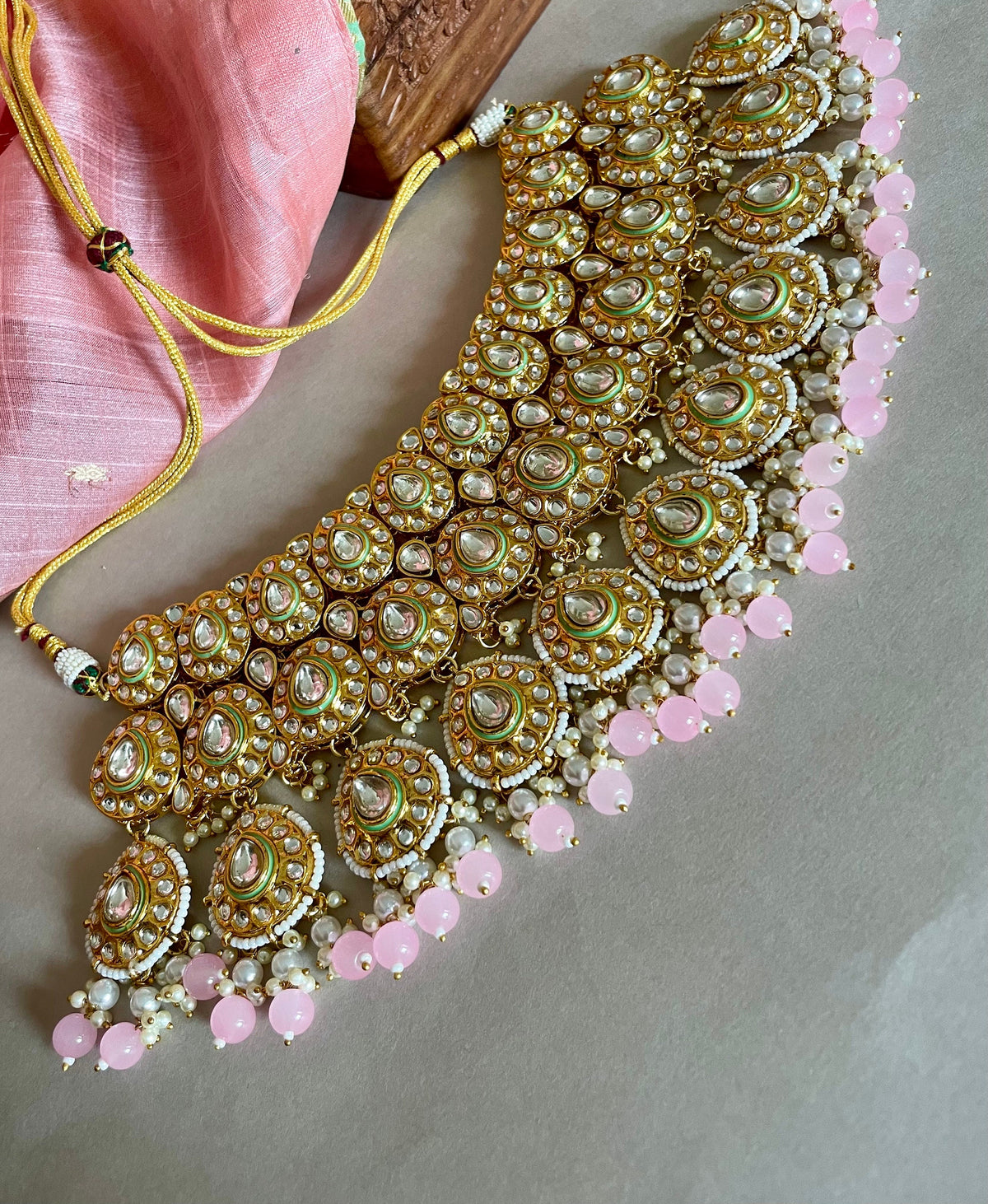 Pink and Mintgreen Kundan Bridal Necklace Set