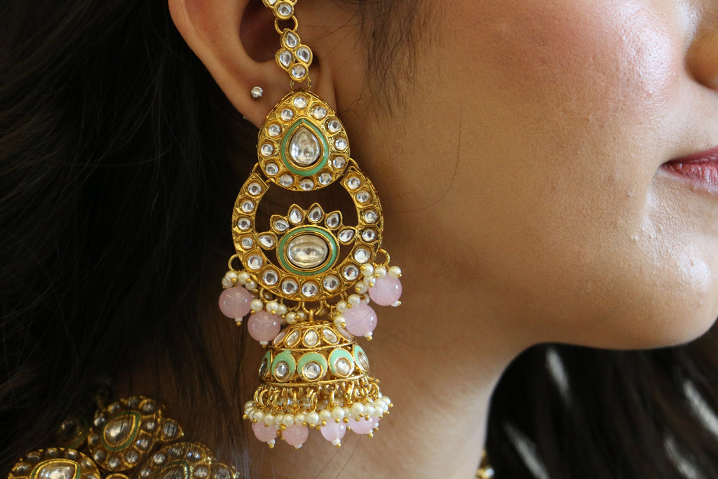 Pink and Mintgreen Kundan Bridal Necklace Set