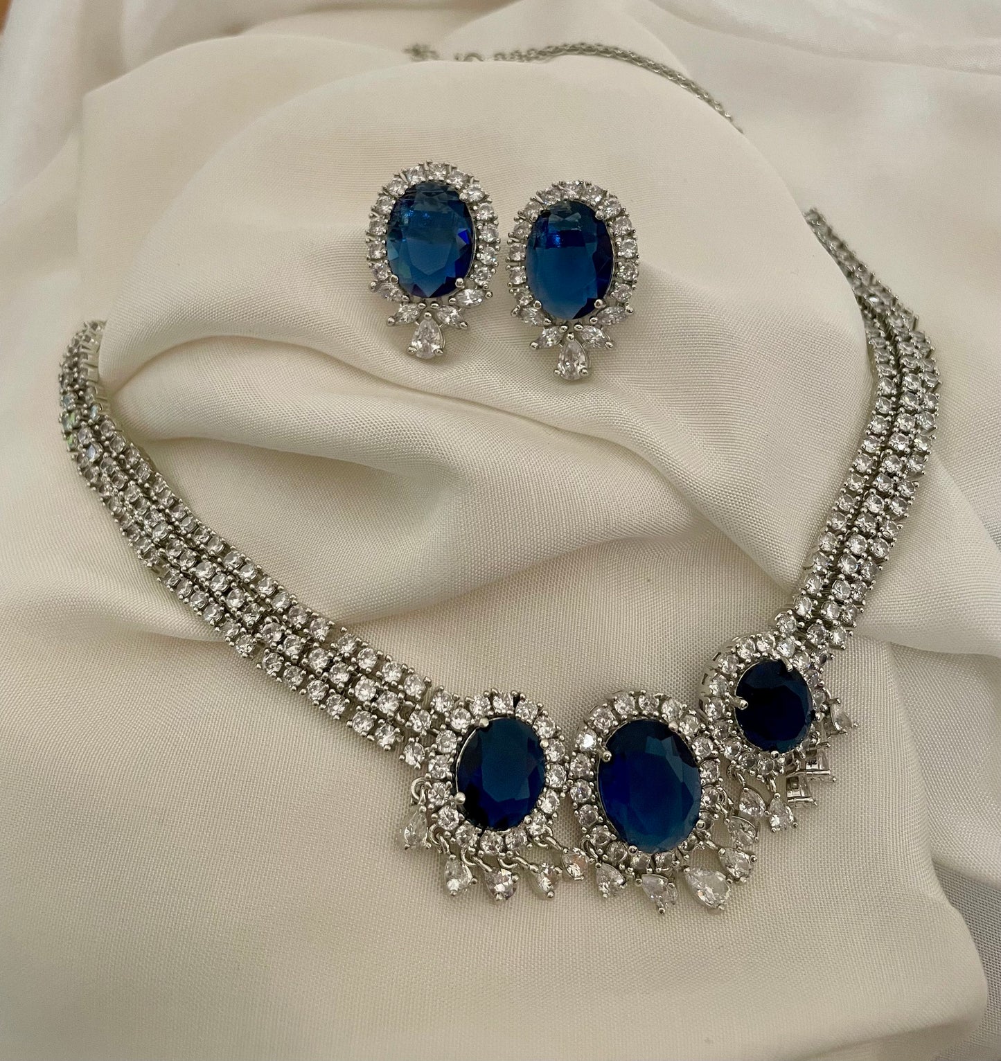 Sapphire Blue Diamond Set/American Diamond Set/CZ Set/Cocktail Necklace Set/Diamond Earrings/Cubic Zirconia/Indian Jewelry Set/Wedding Set
