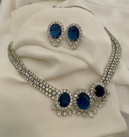 Sapphire Blue Diamond Set/American Diamond Set/CZ Set/Cocktail Necklace Set/Diamond Earrings/Cubic Zirconia/Indian Jewelry Set/Wedding Set