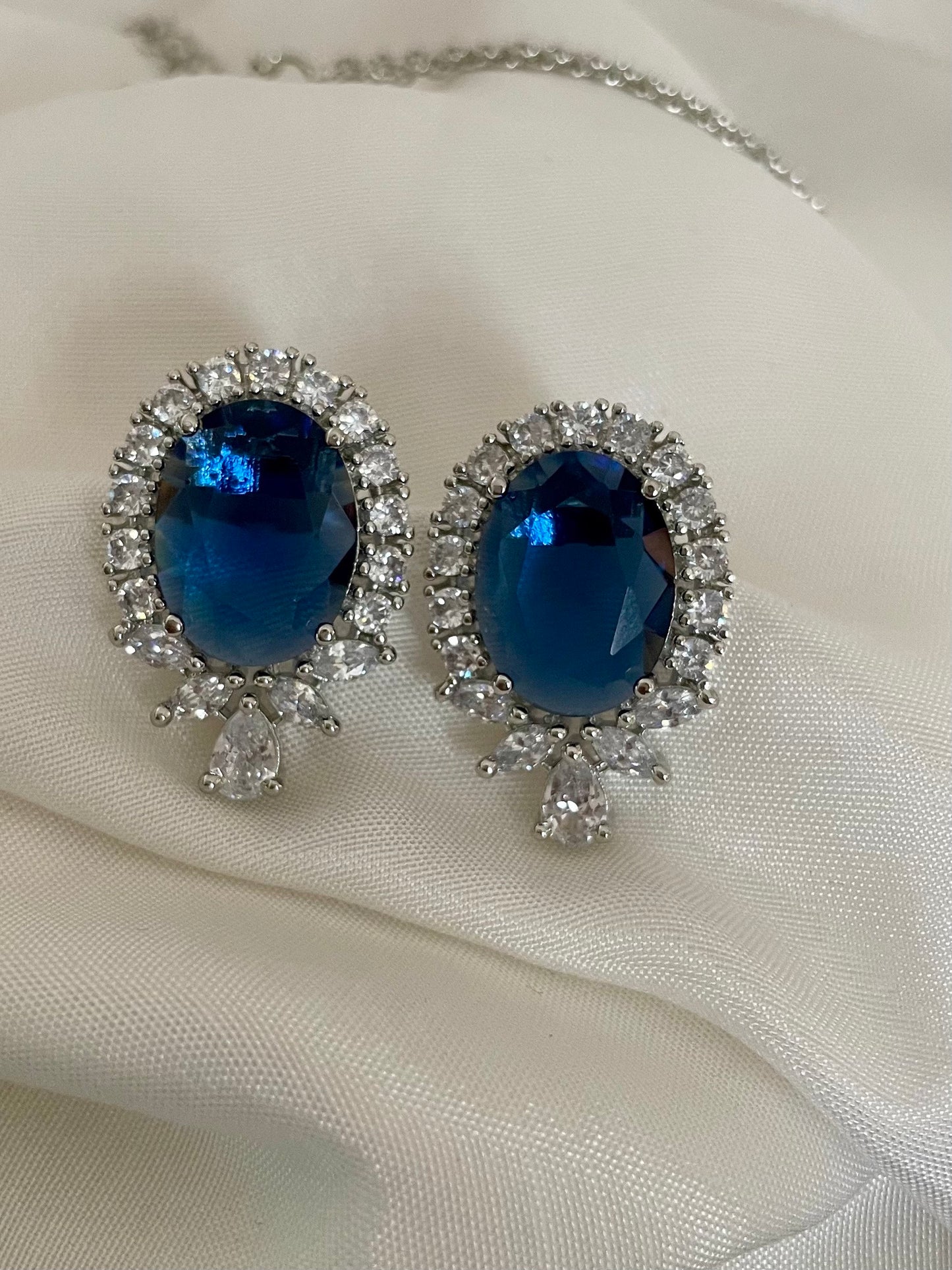 Sapphire Blue Diamond Set/American Diamond Set/CZ Set/Cocktail Necklace Set/Diamond Earrings/Cubic Zirconia/Indian Jewelry Set/Wedding Set