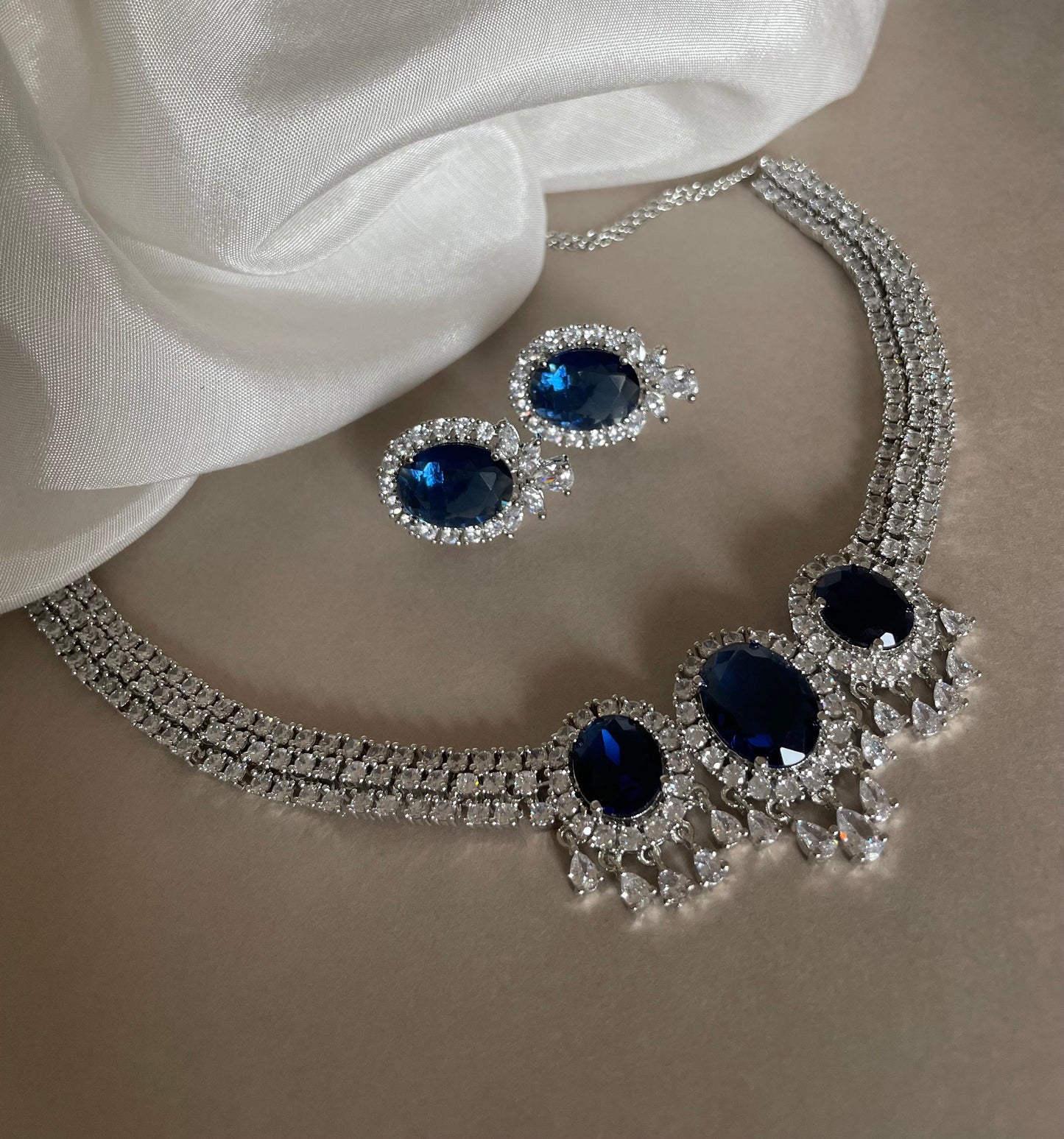 Sapphire Blue Diamond Set/American Diamond Set/CZ Set/Cocktail Necklace Set/Diamond Earrings/Cubic Zirconia/Indian Jewelry Set/Wedding Set