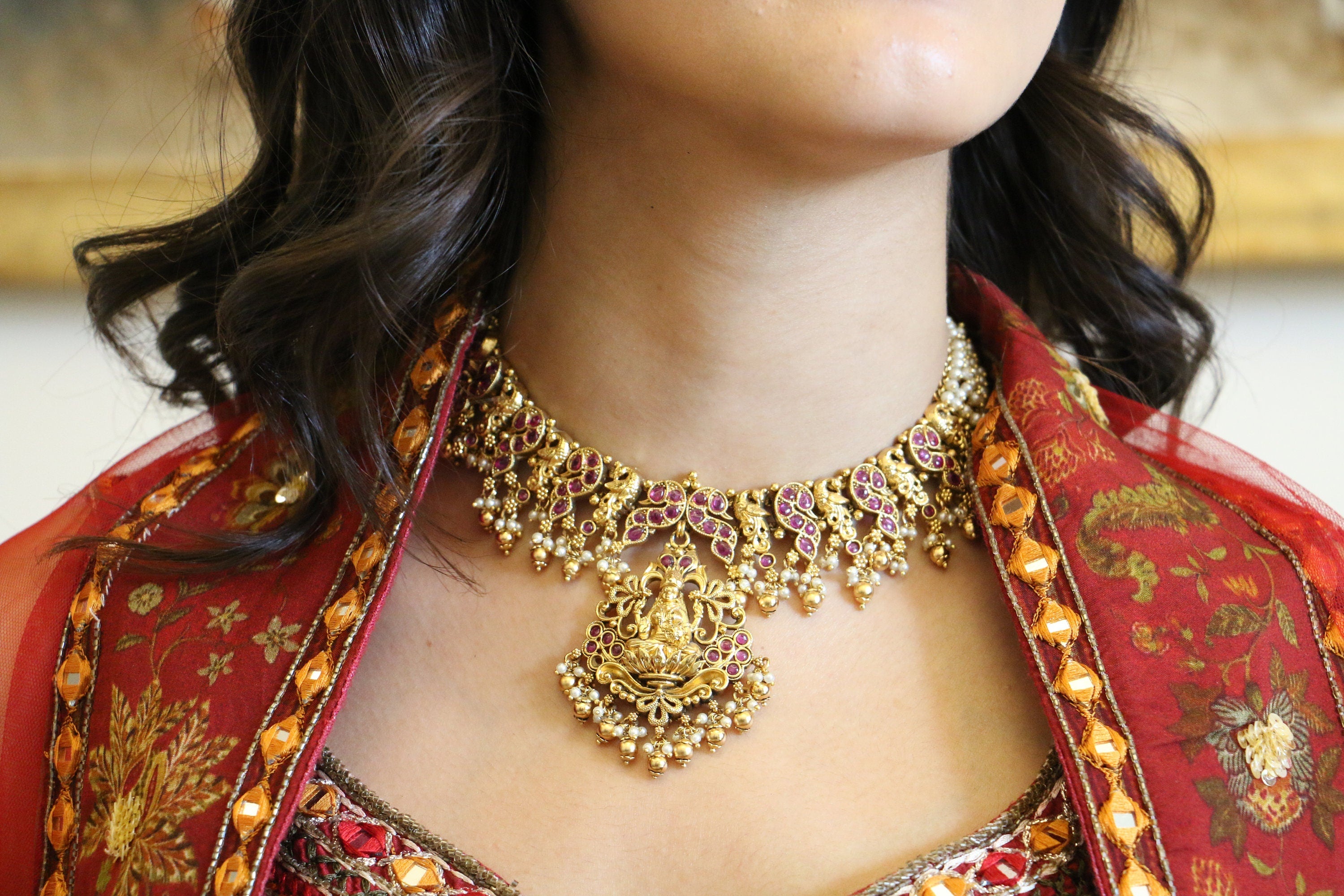 Ruby Red Temple Bridal Necklace Set