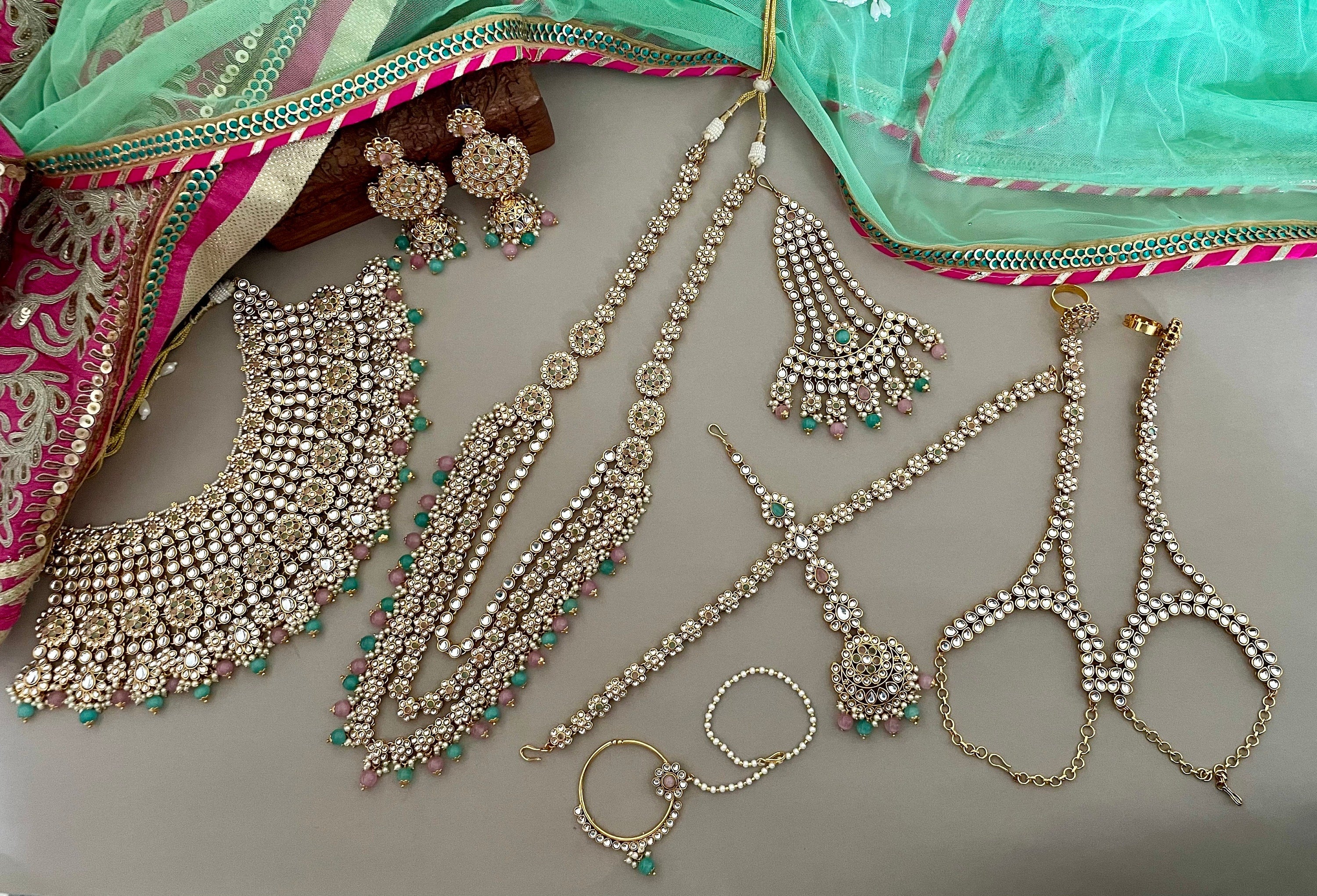 Pink and Mintgreen Kundan Bridal Necklace Set