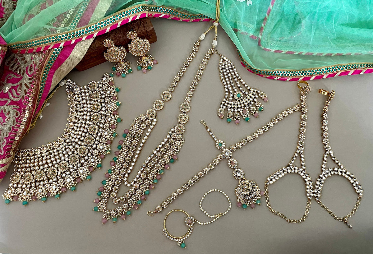 Pink and Mintgreen Kundan Bridal Necklace Set