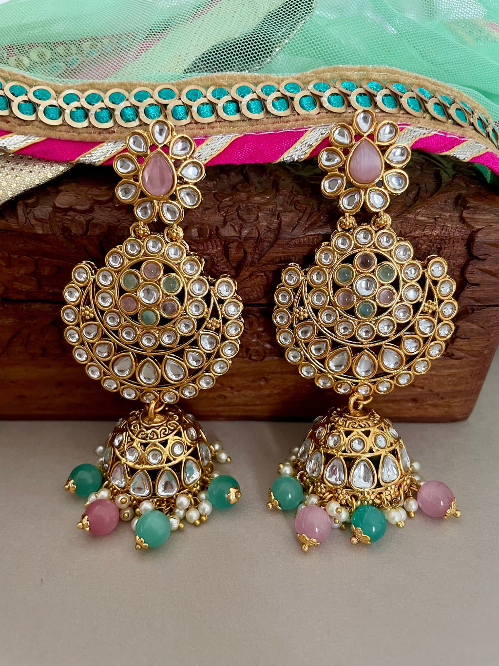 Pink and Mintgreen Kundan Bridal Necklace Set