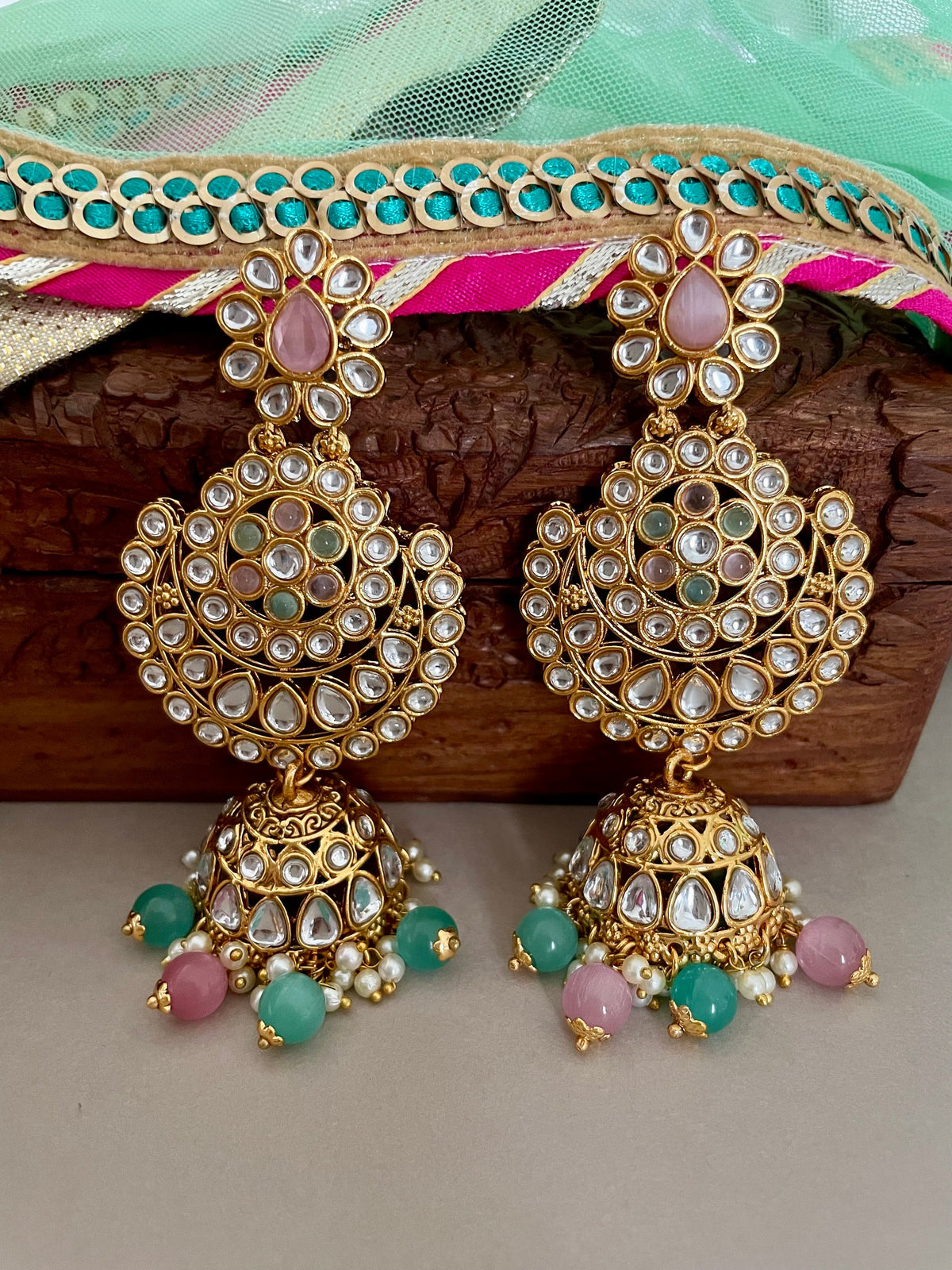 Pink and Mintgreen Kundan Bridal Necklace Set