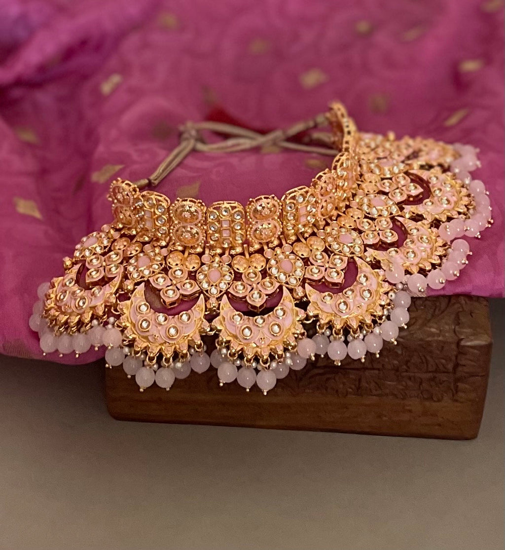 Pink Rosegold Kundan Bridal Necklace Set