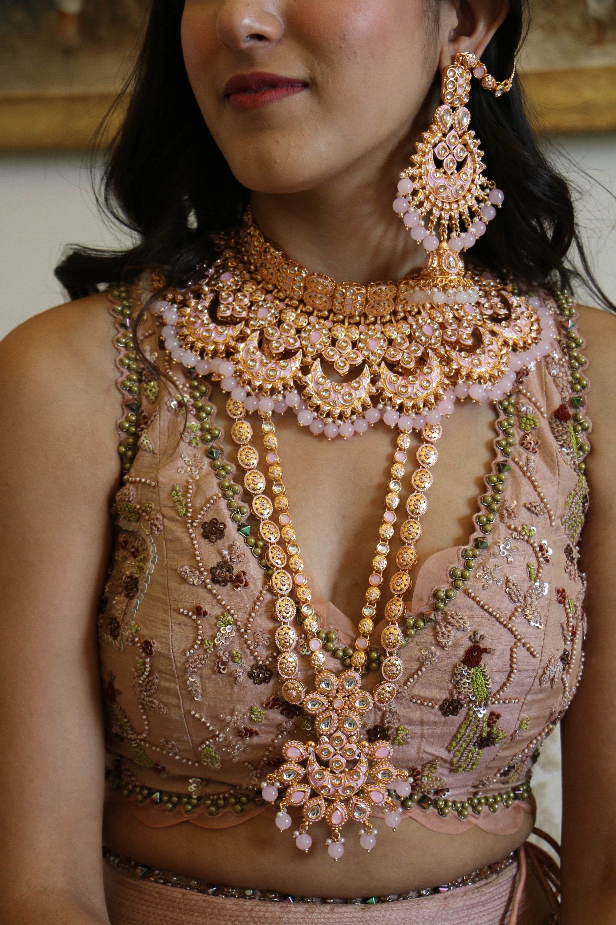 Pink Rosegold Kundan Bridal Necklace Set