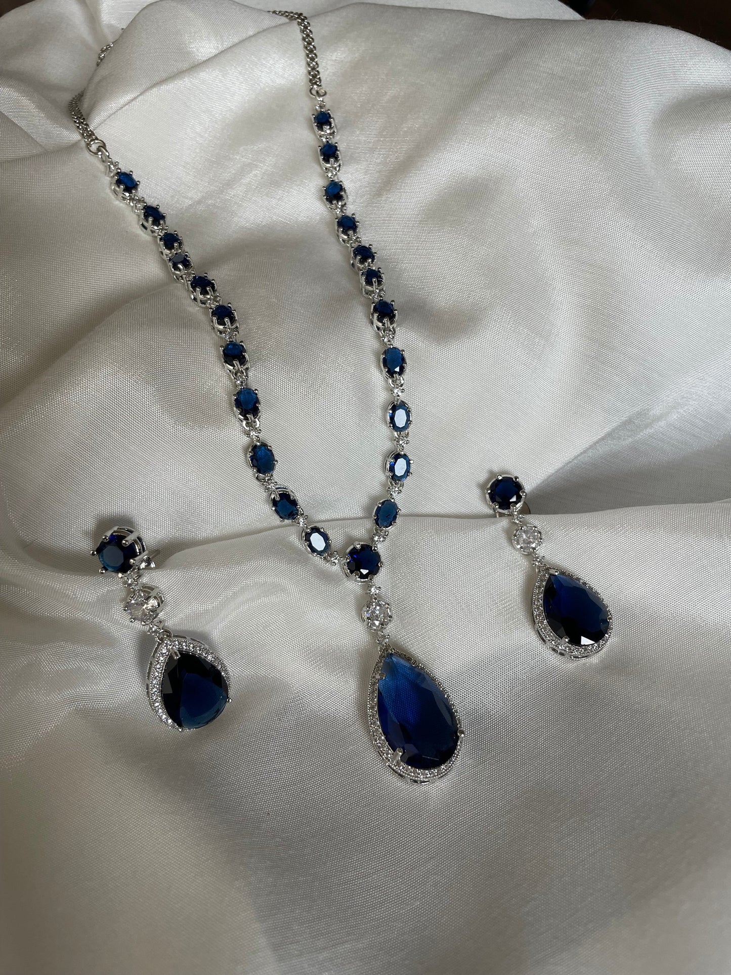 Sapphire Blue Diamond Set/CZ  Diamond Necklace Set/American Diamond Set/Cocktail Jewelry Set/Indian Jewelry Set/Wedding Set