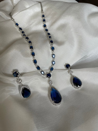 Sapphire Blue Diamond Set/CZ  Diamond Necklace Set/American Diamond Set/Cocktail Jewelry Set/Indian Jewelry Set/Wedding Set