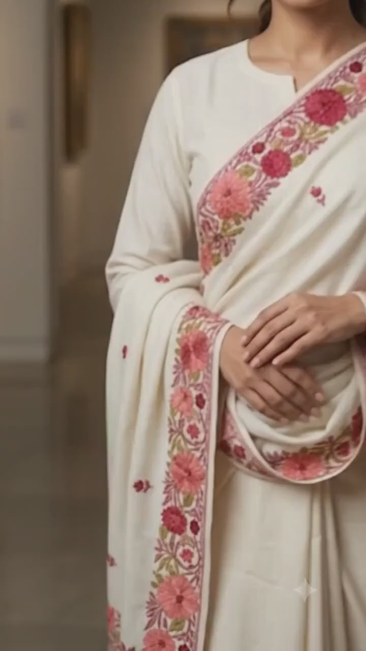 White Kashmiri Embroidered Stole