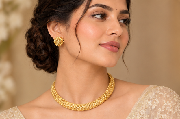 Gold Mesh Hasli Necklace Set – Traditional Statement Jewellery