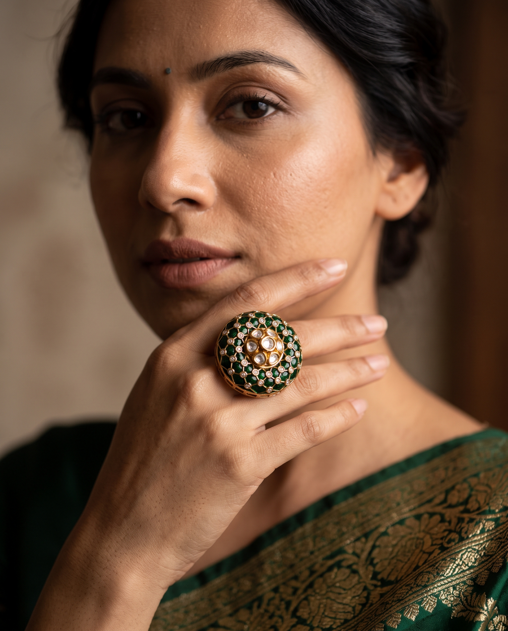 Green Meenakari Ring – Traditional Indian Statement Jewellery   Copy title