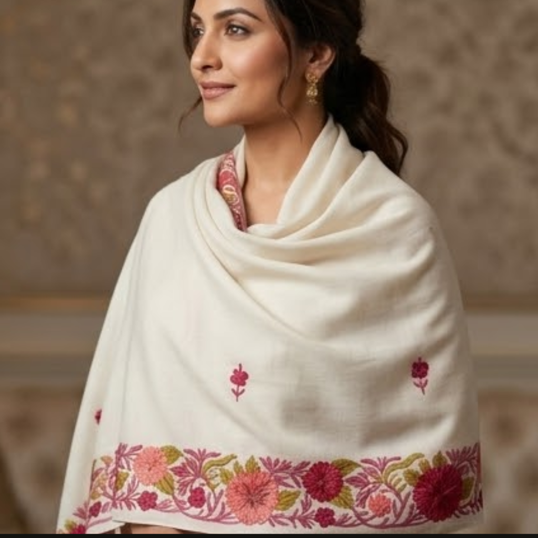 White Kashmiri Embroidered Stole